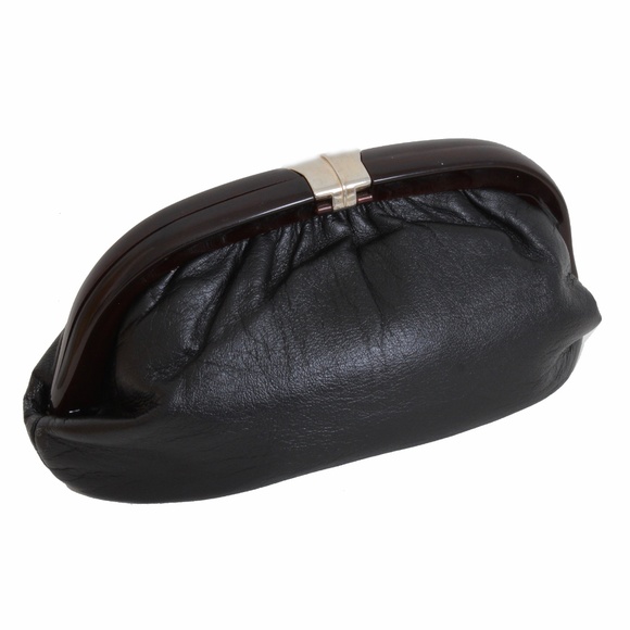 Ruth Saltz Clutch Bag Handbag Black Leather With Resin Clasp Retro 60s Rare - Picture 1 of 8